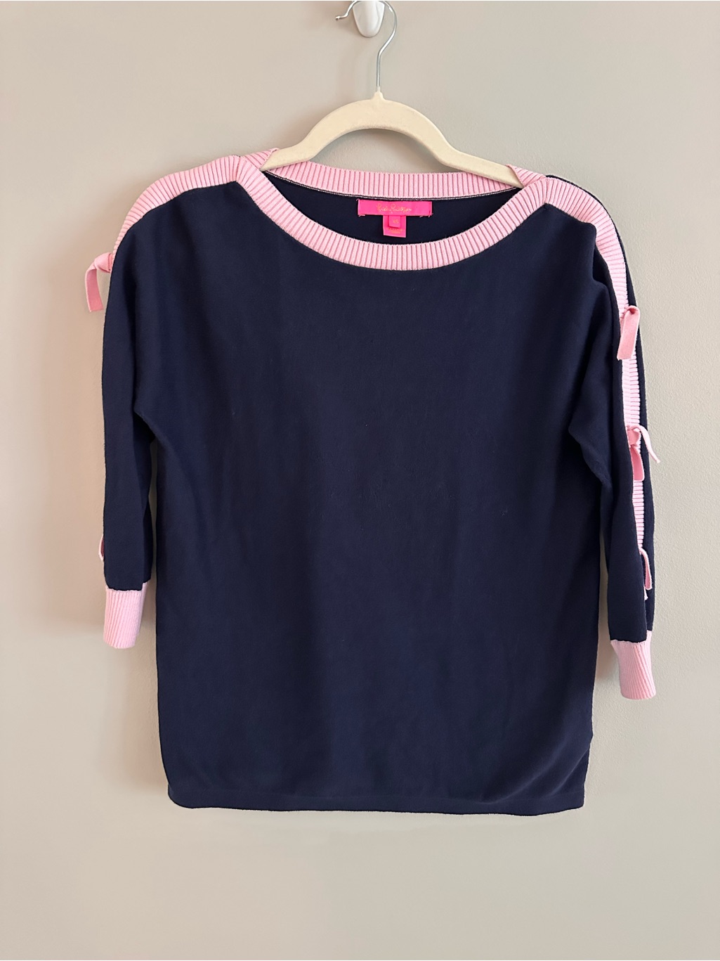 Lilly Pulitzer Larabee Coolmax Sweater Navy Pink Bow Sleeve Size Xs